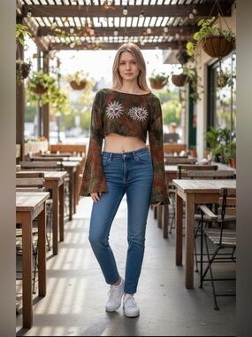 Romwe Women's Small Tie Dye Cropped Top Boho Grunge Sun Sheer Bell Sleeve Hippie